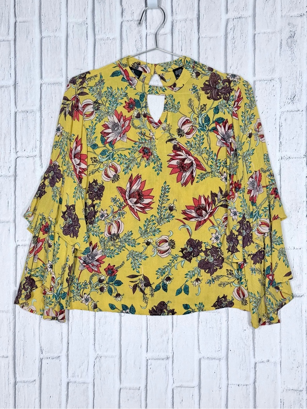 🌼 Angie Mustard Yellow Floral Bell Sleeve Boho Blouse Medium